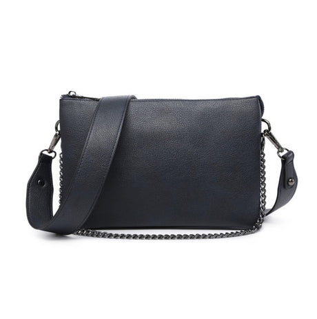 Navy faux leather handbag with a chain detail on a white background
