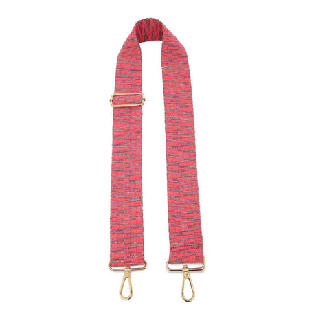 Red and gray striped bag strap with gold hardware on a white background
