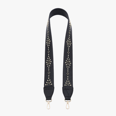 Black strap with gold studs and gold hardware on a white background