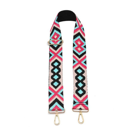 Multicolored geometric patterned bag strap on a white background