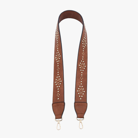 Brown leather strap with gold studs and Gucci logo on a white background