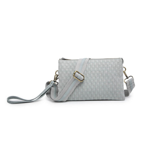Light gray textured handbag with a strap on a white background