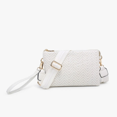 White woven handbag with a strap on a white background