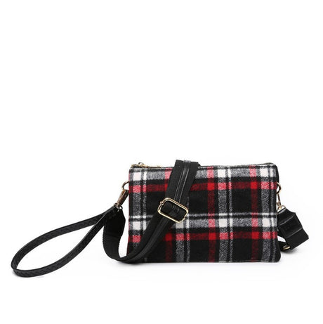 Plaid handbag with a strap on a white background
