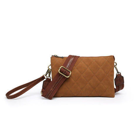 Brown quilted handbag with a strap on a white background