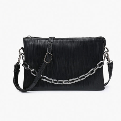 Black handbag with chain detail on a white background