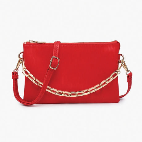 Red handbag with gold chain strap on a white background