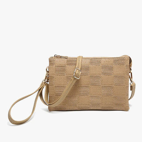 Taupe woven handbag with a strap on a white background