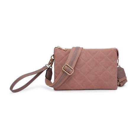 Quilted brown handbag with a strap on a white background