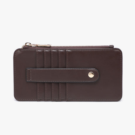 A dark brown leather zip-around wallet with card slots, a front strap closure, and a gold-tone snap button, shown against a plain white background.
