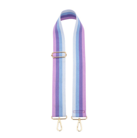 Striped bag strap with gold hardware on a white background