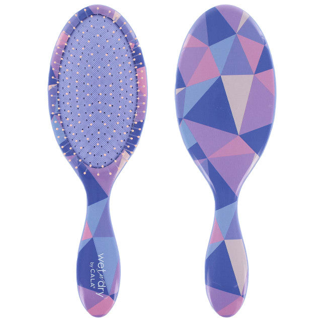 Cala Wet-n-Dry detangling brush shown from the bristle side and back, with soft flexible bristles, oval shape, and purple geometric patterned handle