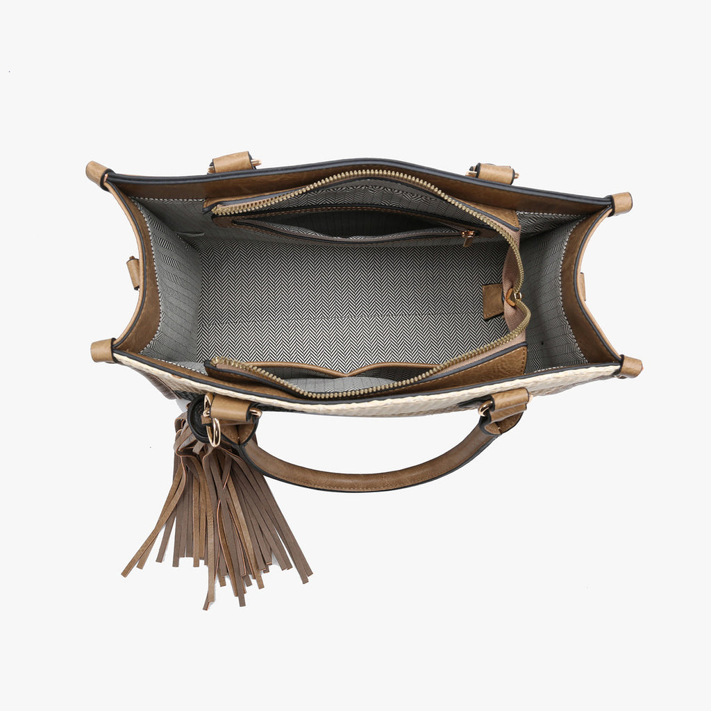 Jen & Co Alma Tri-Color Striped Satchel with Tassel inside view