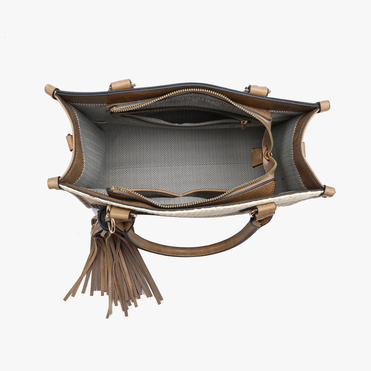 Jen & Co Alma Tri-Color Striped Satchel with Tassel inside view