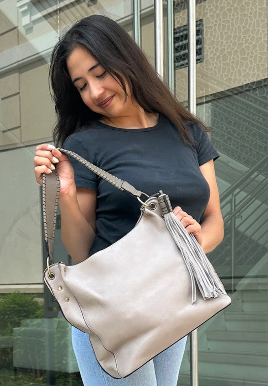 Jen & Co Amber Hobo Bag styleshot grey