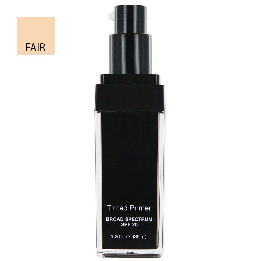 A bottle of tinted liquid primer with a black pump and black label on a clear rectangular bottle, shown on a white background with a beige shade swatch labeled 'FAIR' in the top left.