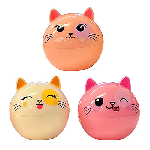 Three round cat-face container tops in peach, cream, and pink, each with embroidered or printed cute facial features and small pointed ears, shown on a plain white background.