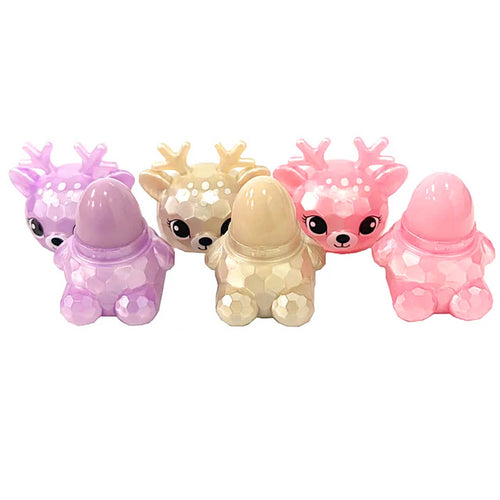 Three small cute deer-shaped figurines with faceted glittery surfaces, shown in pastel purple, cream, and light pink on a plain white background.