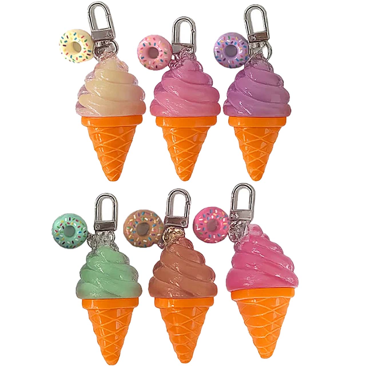 Six ice cream cone keychains arranged in two rows of three on a plain white background. Each keychain has a metal clasp and a small donut charm.