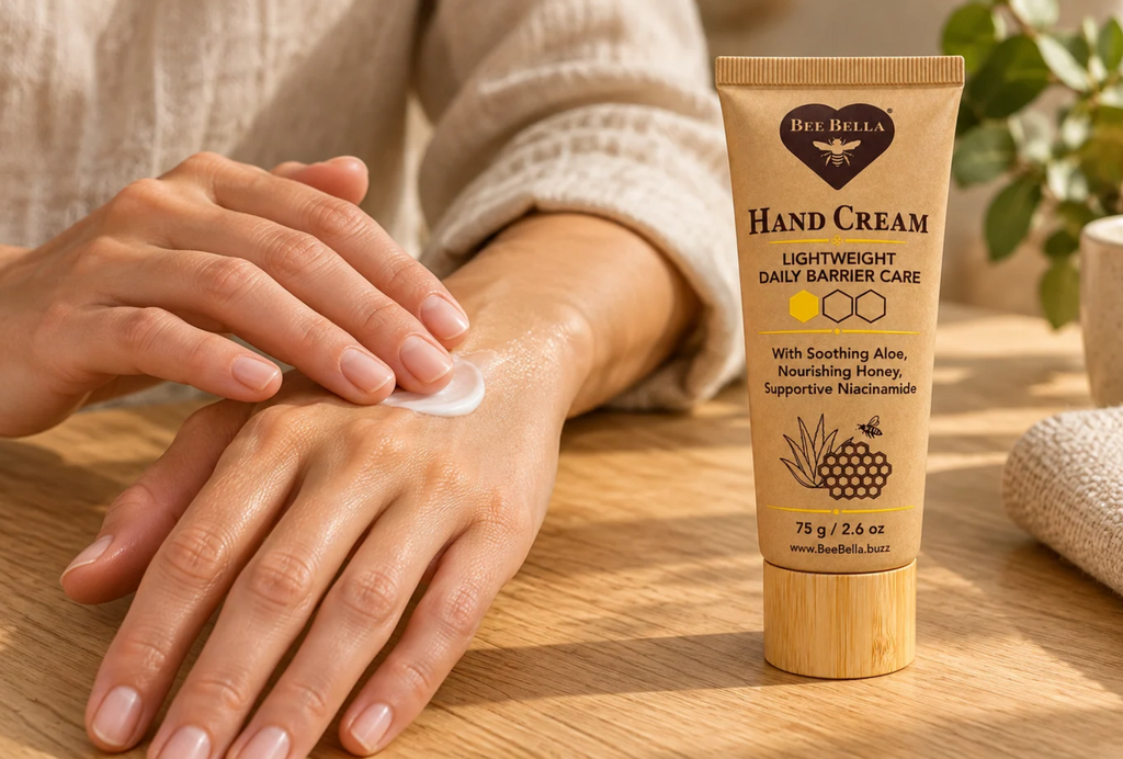 Person applying Bee Bella Lightweight Daily Barrier Care Hand Cream on their hands