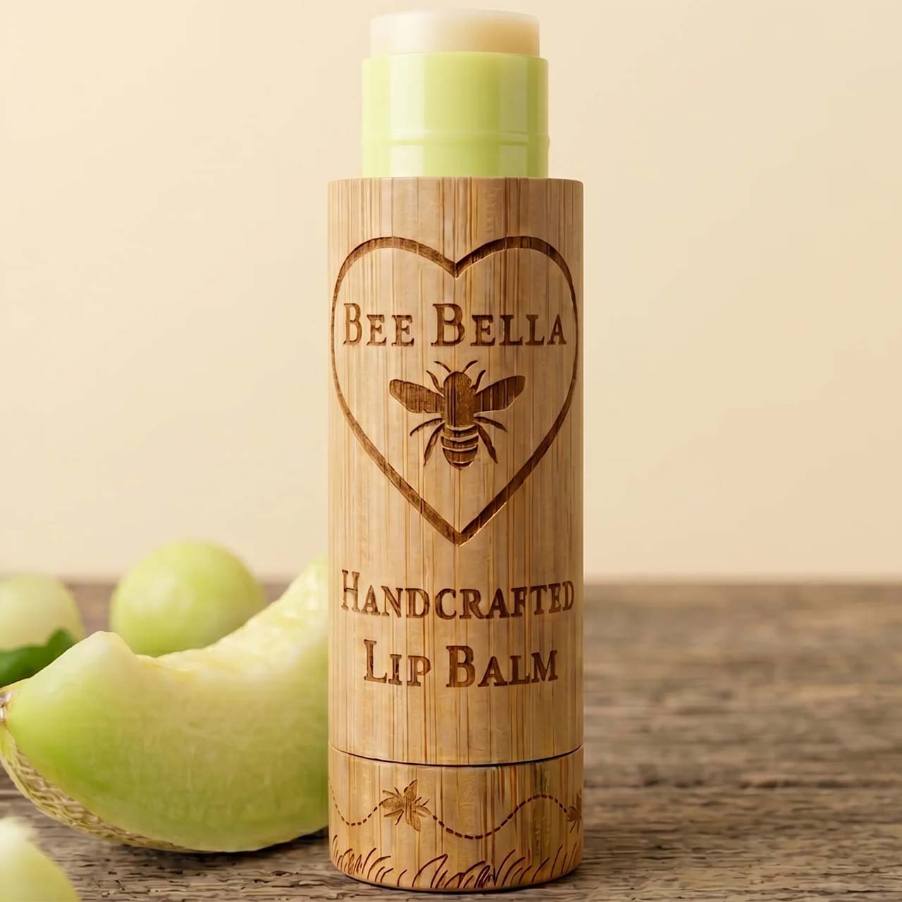 A bamboo tube lip balm with a light green balm stick, branded 'BEE BELLA', set on a rustic wooden table with sliced green melon in the background.