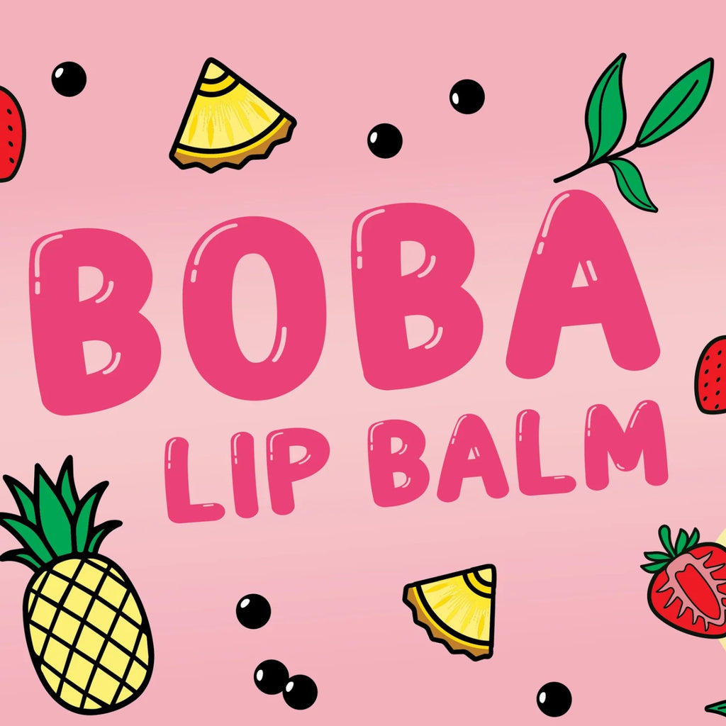 Pink square graphic with the words 'BOBA LIP BALM' in large pink letters, surrounded by illustrated fruit slices, strawberries, blackberries, and green leaves on a pink background.