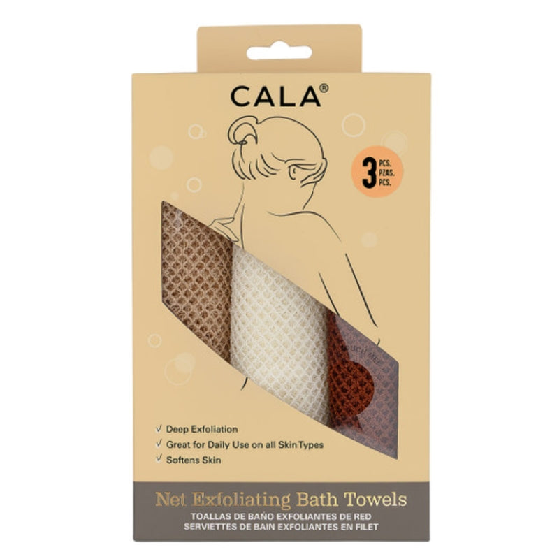 CALA Net Exfoliating Bath Towels in a 3-pack, shown in its original beige cardboard packaging with a window displaying the three textured towels.