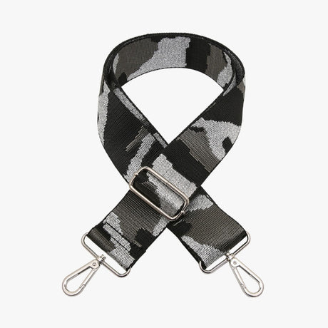 Black and gray camouflage patterned strap with metal hooks on a white background