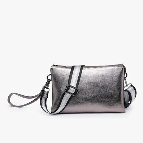 Silver metallic handbag with a strap on a white background