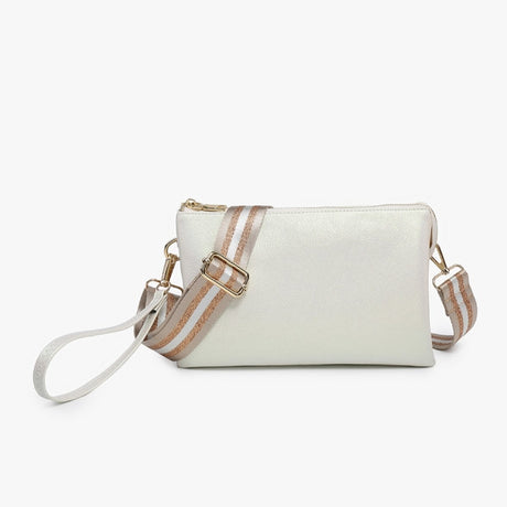Pearl crossbody bag with striped strap on a white background