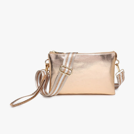 Penny metallic crossbody bag with a strap on a white background