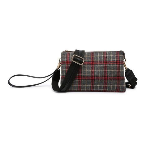 Plaid patterned handbag with a strap on a white background