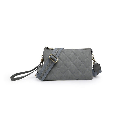 Gray quilted handbag with a strap on a white background