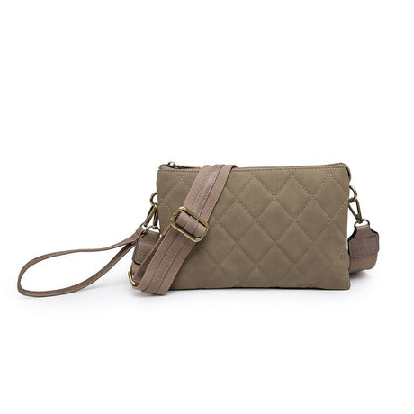 Quilted taupe  handbag with a strap on a white background
