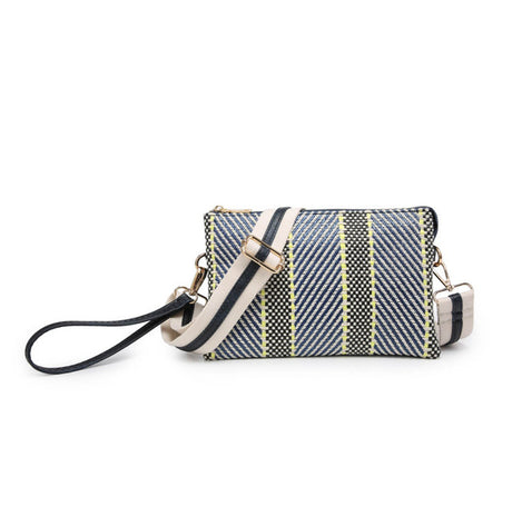 Plaid patterned handbag with strap on a white background