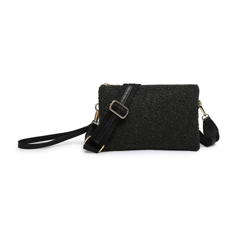 Black textured handbag with a strap on a white background