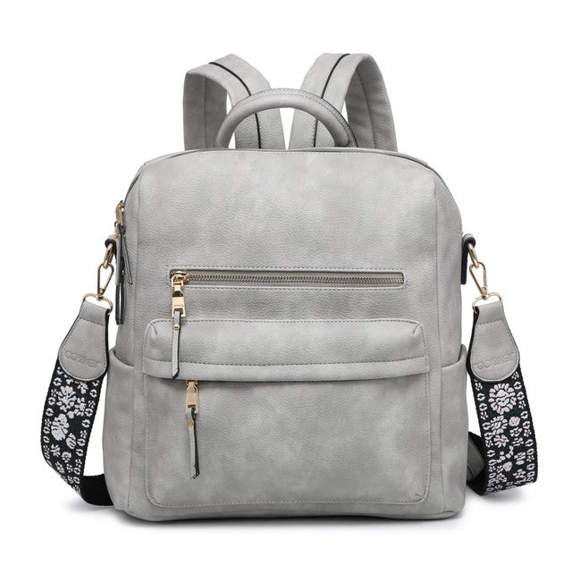 Gray backpack with floral straps on a white background