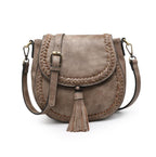 Clay vegan leather crossbody bag with braided details and a tassel on a white background
