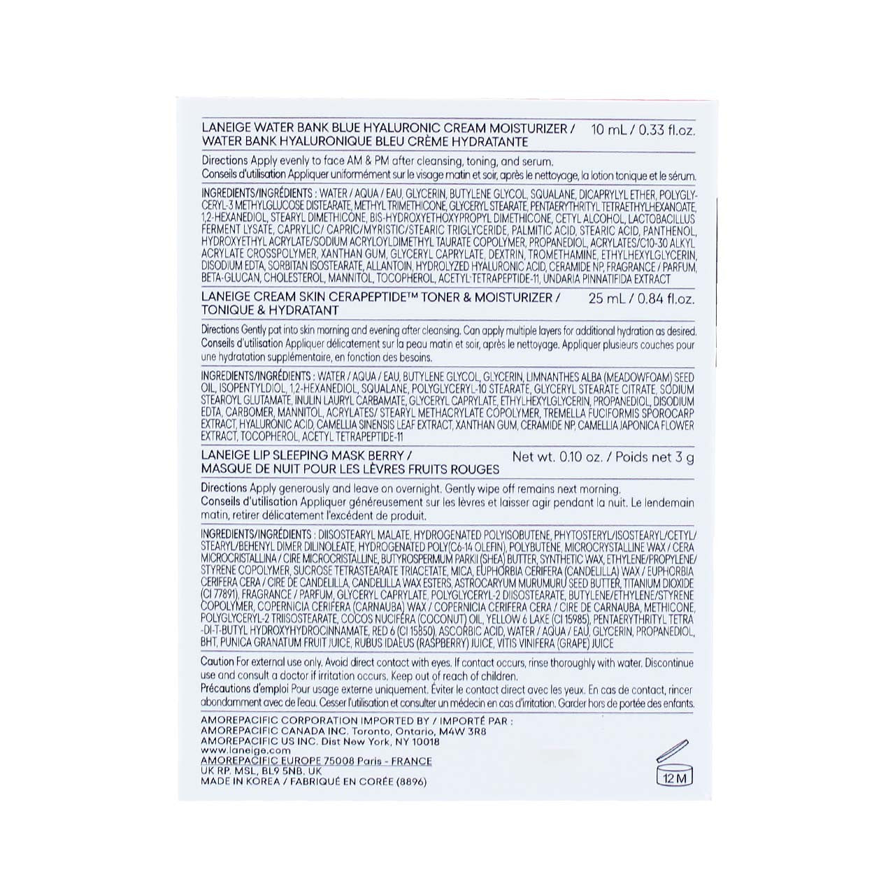 Laneige x Sephora Hydration Heroes Set back of box