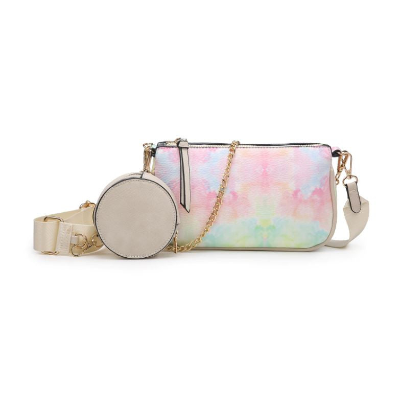Jen & Co Marina Crossbody with Removable Chain & Pouch in Tie Dye print