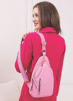 Jen & Co Nikki Dual Compartment Sling Pack Bag style shot Pink