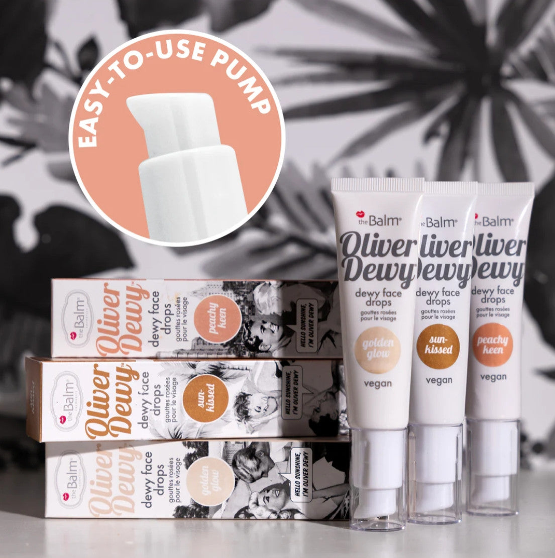 theBalm Oliver Dewy Face Drops style shot with pumps