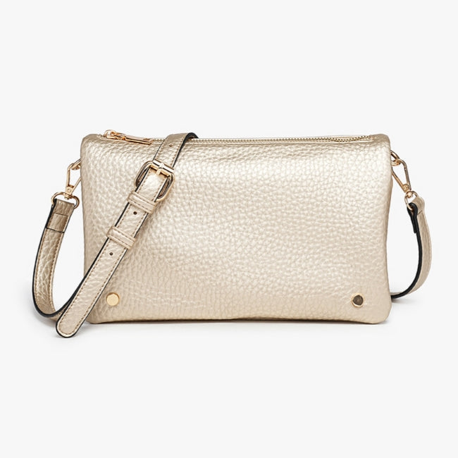 Gold leather handbag with a strap on a white background