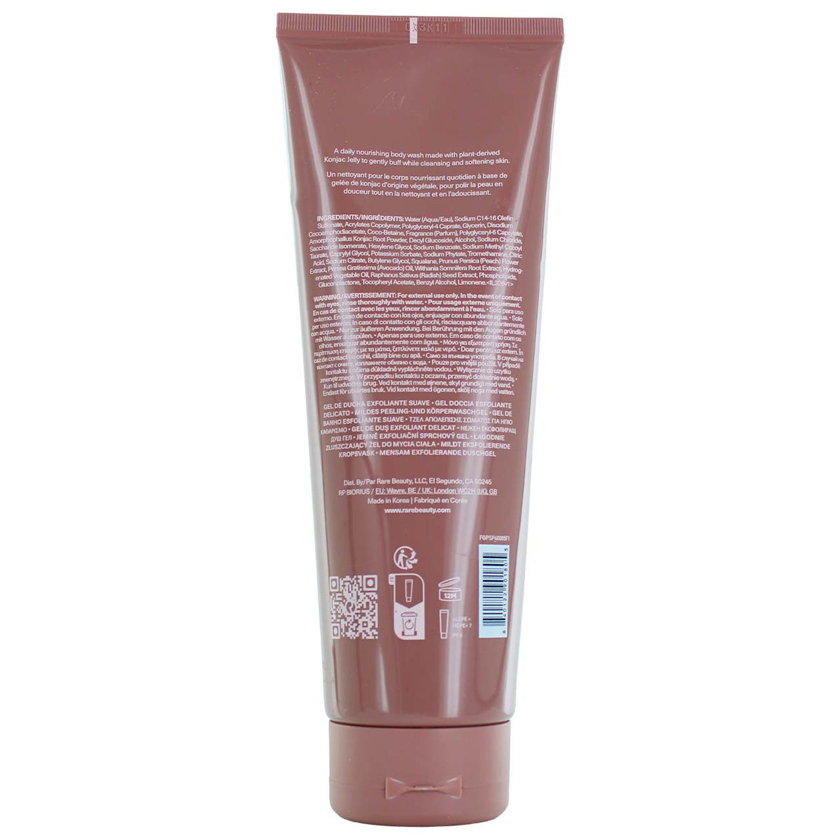 Rare Beauty Find Comfort Gentle Exfoliating Body Wash back of tube