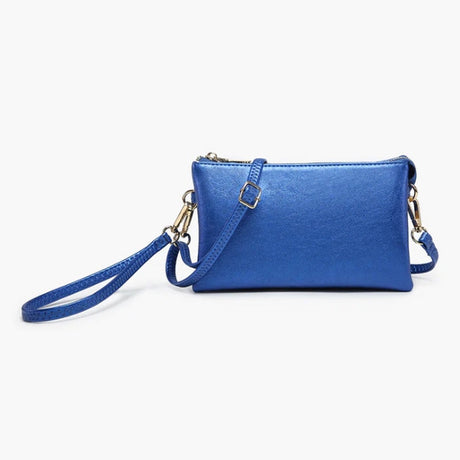 Blue agate handbag with a strap on a white background