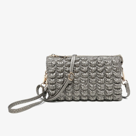 Riley Bubble Puffer Pewter handbag with a strap on a white background