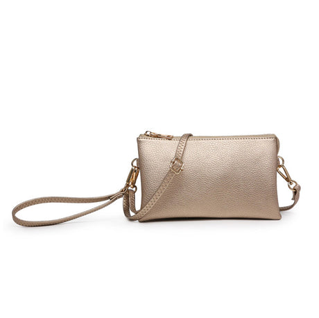 Gold clutch bag with a strap on a white background