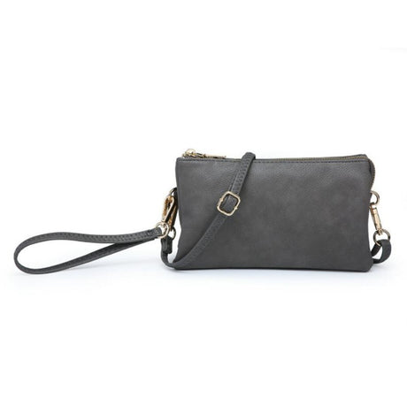 Gray clutch bag with a strap on a white background