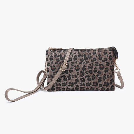A rectangular crossbody clutch bag with a brown and black leopard print pattern, featuring a matching shoulder strap and gold-tone hardware, shown against a plain white background.