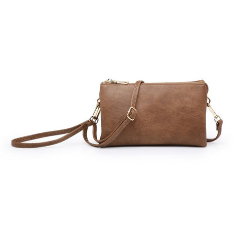 Riley Chestnut Brown leather clutch bag with a strap on a white background
